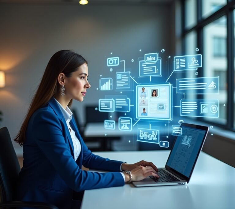 Person updating a profile on a laptop with a soft blurred background, no text, no logos, no readable UI, no legible numbers