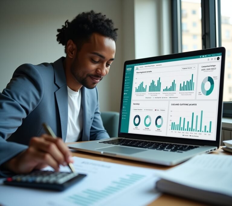 Person reviewing charts on a laptop screen with a thoughtful expression, no text, no logos, no readable UI, no legible numbers