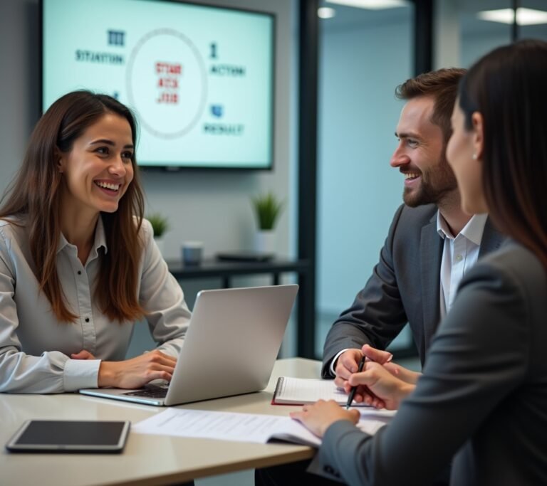 Two people in a professional conversation across a table, no text, no logos, no readable UI, no legible numbers