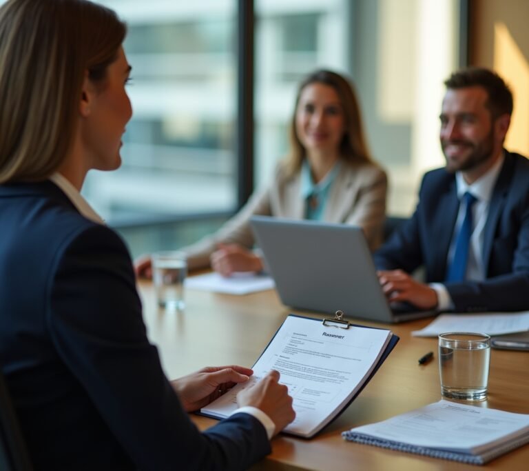 Person sitting across from several interviewers in a bright meeting room, no text, no logos, no readable UI, no legible numbers