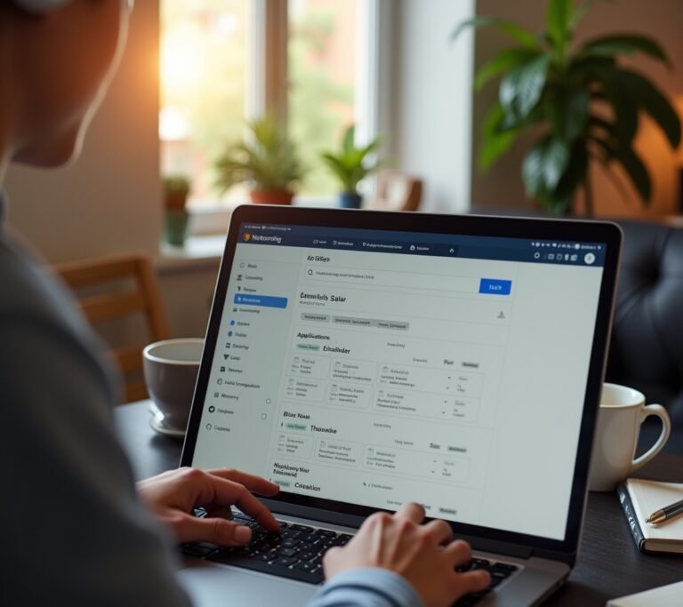 Person working from a home office with a laptop and warm light, no text, no logos, no readable UI, no legible numbers