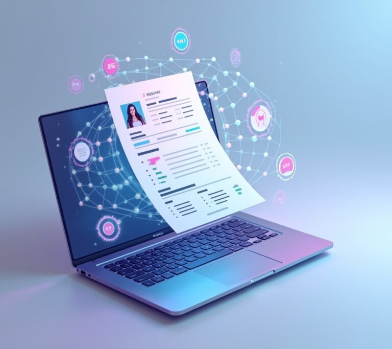 Job seeker typing on laptop with abstract resume document on screen, clean modern desk setup, no text, no logos, no readable UI, no legible numbers