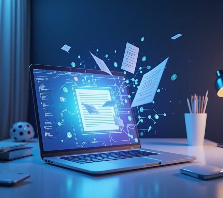 Person typing a letter on a laptop with a soft warm office background, no text, no logos, no readable UI, no legible numbers
