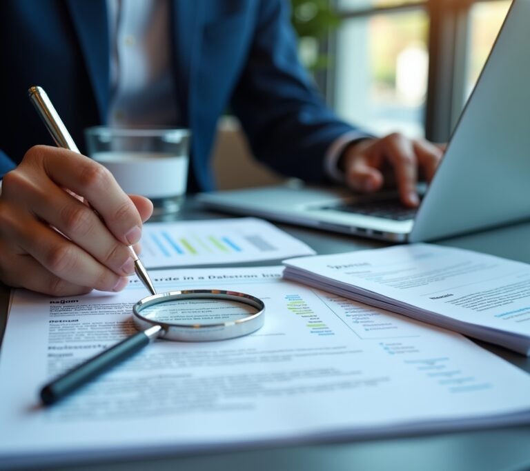 Recruiter reviewing documents at a desk with a laptop open, no text, no logos, no readable UI, no legible numbers